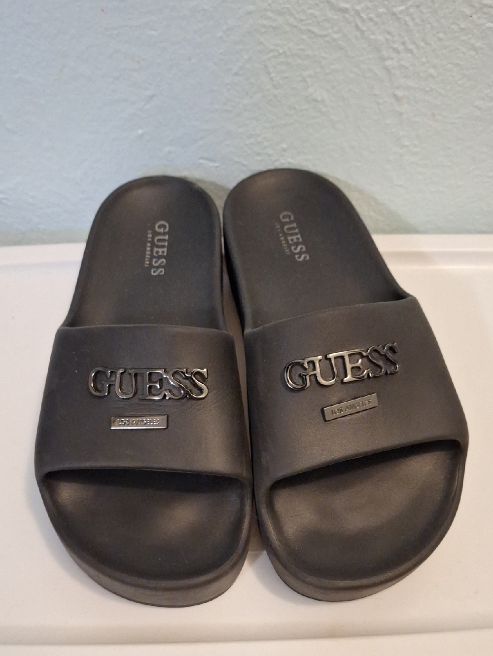 GUESS Black Women's Platform Slide Sandals with Metal Logo